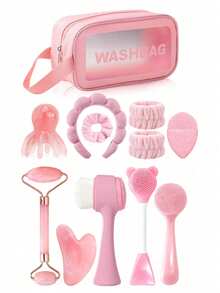 4/12pcs/Set Facial Beauty Tool Kit, Includes Cleansing, Massage, And Storage Tools - Face Scraper, Roller, Cleansing Brush, Face Mask Brush, Washing Sponge, Hair Band, Wristband, Hair Ties, Toiletry Bag, Makeup Bag - Multicolor - View 15