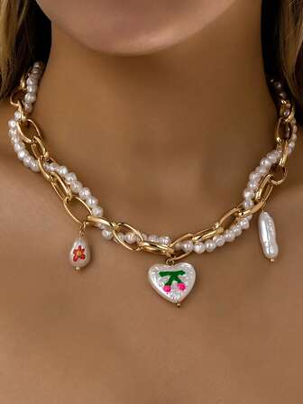 1 pieza Collar de cadena mixta de moda multicapa con perla y colgante de corazón, accesorio versátil para el Día de San Valentín y varias ocasiones