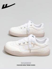 1 Pair WARRIOR Women's Thick Sole Lace-Up Soft Bottom Casual Shoes, Low-Top Outdoor Flat Shoes, Round Toe Low Heel Non-Slip Solid Color Elegant Soft Bottom Hiking Shoes, Suitable For Students, Graduation Photos, Flat Shoes, Low-Top Leather Sneakers - Light Yellow/beige - View 5