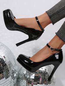 Women Pumps Shoes Platform Chunky Block Heel Close Toe Shoe Ankle Strap Party Dress Heels - màu đen - Xem 9