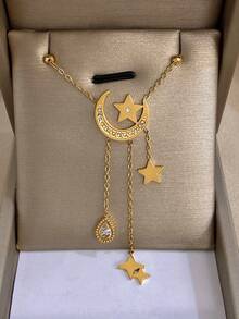 Star & Moon Pendant Earrings, Gold Long Necklace, Women's Stainless Steel Jewelry Set With Rhinestones, Daily/Birthday/Christmas Gift - Multicolor - View 5
