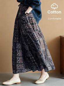 女士波西米亚几何印花弹力腰半身裙，适合度假和日常穿着，春夏款 - 藏蓝色 - 查看 9