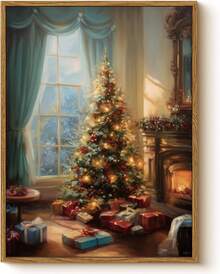 Arte de pared festivo de árbol de Navidad clásico y chimenea para sala de estar, impresión en lienzo de x pulgadas con luces navideñas y cajas de regalo, decoración rústica de invierno para el hogar, exhibición de entrada en el mantel - transparente - Ver 1