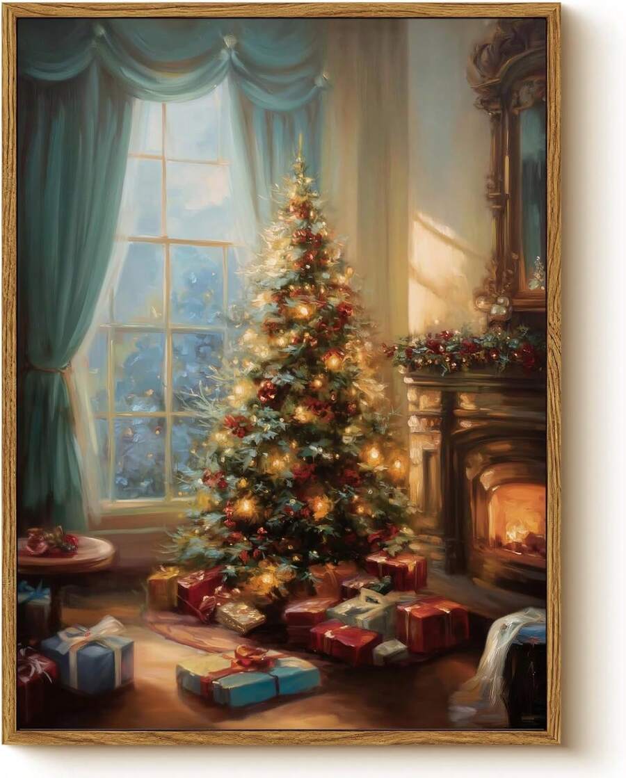 Arte de pared festivo de árbol de Navidad clásico y chimenea para sala de estar, impresión en lienzo de x pulgadas con luces navideñas y cajas de regalo, decoración rústica de invierno para el hogar, exhibición de entrada en el mantel - transparente - Ver 1
