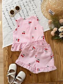 2pcs Baby Girls' Sweet Cute Fashion Street Style Pink Plaid Cherry Print Camisole Top With Bow Decor Matched With Same Color Plaid Shorts Set, Suitable For School And Street Wear - Pink - View 4