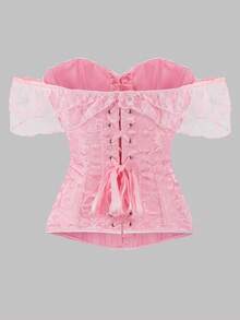 1件加大码女士复古宫廷风蕾丝胸衣，露肩系带露背紧身正式礼服，婚礼服饰 - 粉色 - 查看 3