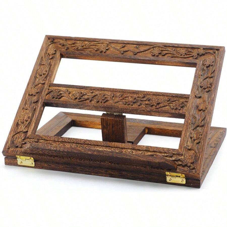 Adjustable Wooden Bible Stand Carved Bible Holder Missal Stand Book Display Reading Folding Religious Prayer Wooden Holy Book Holder 12.99x 10.04 InchesDark Brown - Dark Brown - View 1