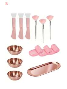 4-24件套美容面膜工具套装，包含不锈钢搅拌碗、托盘、玫瑰金分隔托盘，以及面膜混合和涂抹工具。套装包含3个玫瑰金搅拌碗、1个玫瑰金小托盘、1个分隔托盘、3个硅胶双头搅拌铲、3个扇形面膜刷、9个压缩洁面海绵和3个可调节发圈。适合派对、睡衣派对、SPA、送礼等场合。 - 彩色 - 查看 25