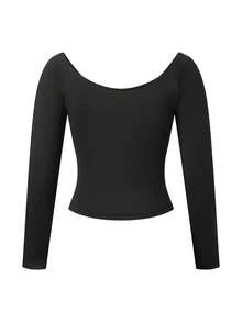 Womens Off Shoulder Wrap Tops Long Sleeve Solid Color Slim Fitted T-Shirt Ruched Crop Tops - 黑色 - 查看 8