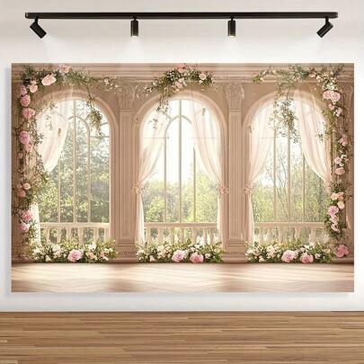 1pc Elegant Floral Balcony Garden Backdrop - Spring Blossom City - Abundant Pink Roses And White Curtain Design, Easy To Hang Party Flag, Memorable Moments, Event Photography | Countryside Scenery | Fabric, Garden Decor, Party Decor Photography Background, Photo Booth Studio, Indoor/Outdoor Use