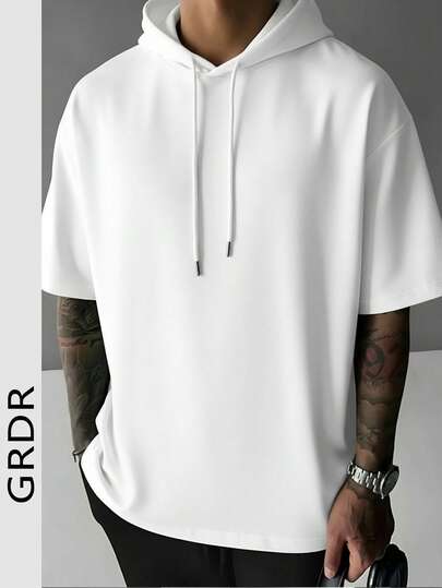 GRDR Men's Casual Sports Hooded Short Sleeve T-Shirt, Fashionable Minimalist Solid Color Short Sleeve Suitable For Running And Daily Wear