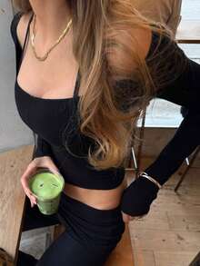 Womens Off The Shoulder Workout Tops Y2k Transparent  Long Sleeve See Through Going Out Crop Top Basic Active Streetwear Gym Shirts - 黑色 - 查看 3