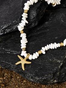 Opalesca 1pc Turquoise Beaded Necklace With Metallic Starfish Pendant, Suitable For Women Daily And Travel Wear - White Turquoise + Starfish - View 2