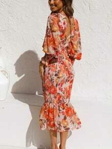 V-Neck Puff Sleeve Floral Smocked Midi Dress - 橘色 - 查看 3