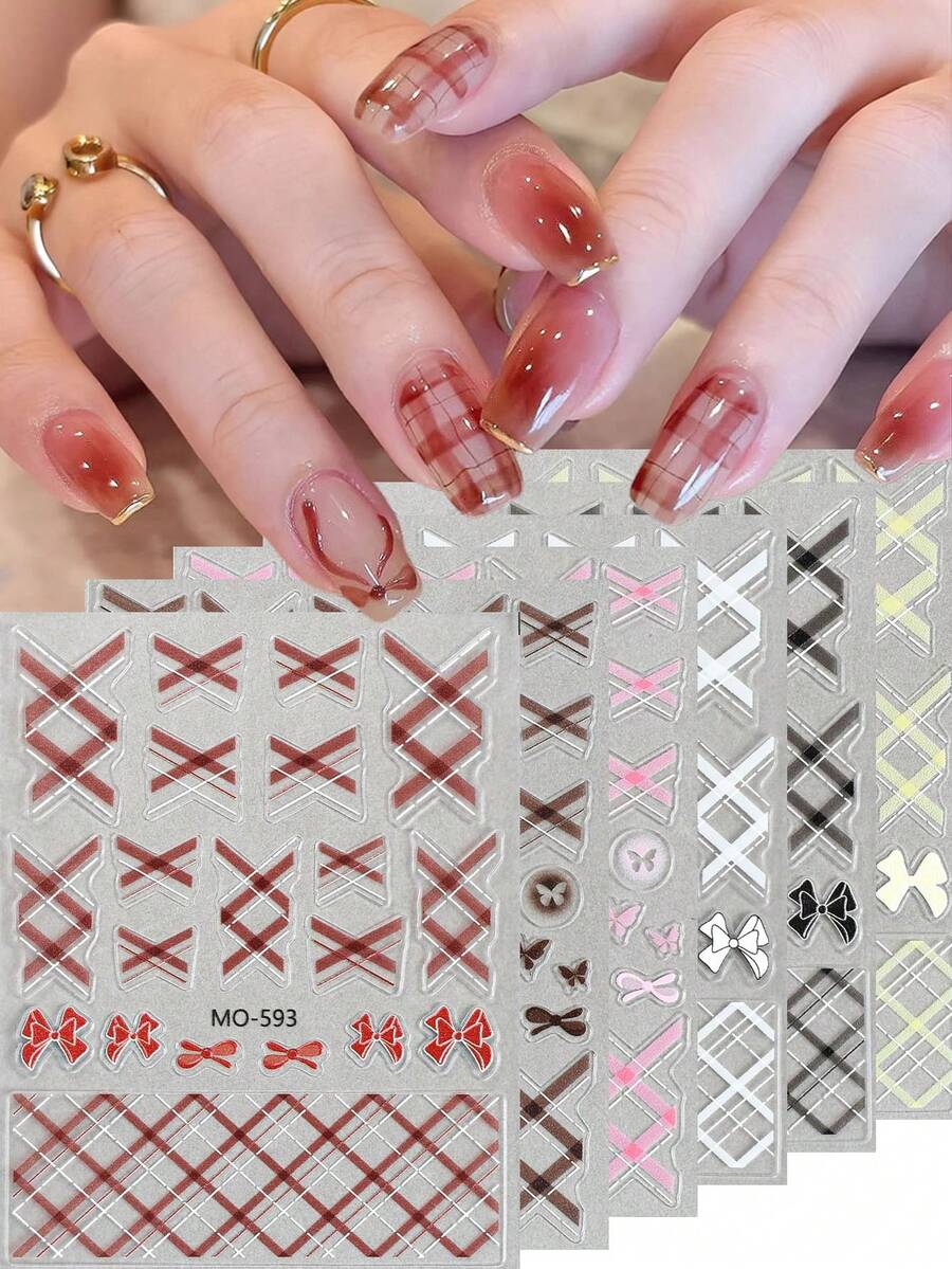 Hình dán móng tay 5D họa tiết nơ đỏ chuyển sắc, thiết kế bướm rỗng kẻ sọc caro - Màu đen/trắng/nâu/hồng/vàng, phù hợp cho phong cách trang trí móng tay DIY thanh lịch Y2K cho đám cưới. - Nhiều màu - Xem 1