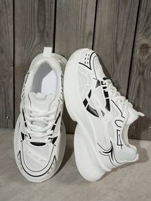 2024春夏新款软皮厚底运动鞋，女士透气网面跑步鞋，休闲运动鞋 - 白色 - 查看 5