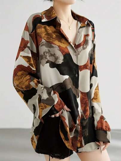 Plus Size Abstract Print Button Collar Long Sleeve Fitted Woven Blouse For Women Vacation