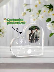 1pc Customized Acrylic Heart-Shaped Plaque - Personalize With Photos & Text, Spotify Music Player Logo, Romantic Couples Gift, Anniversary & Valentine's Day Home Decor, Freestanding Transparent Heart Display Stand