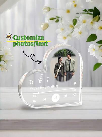 1pc Customized Acrylic Heart-Shaped Plaque - Personalize With Photos & Text, Spotify Music Player Logo, Romantic Couples Gift, Anniversary & Valentine's Day Home Decor, Freestanding Transparent Heart Display Stand
