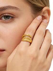 1件时尚简约不锈钢椭圆形锆石双层开口戒指/几何线条开口戒指/珍珠餐具戒指，适合女性日常、派对、假日佩戴 - 金色 - 查看 3