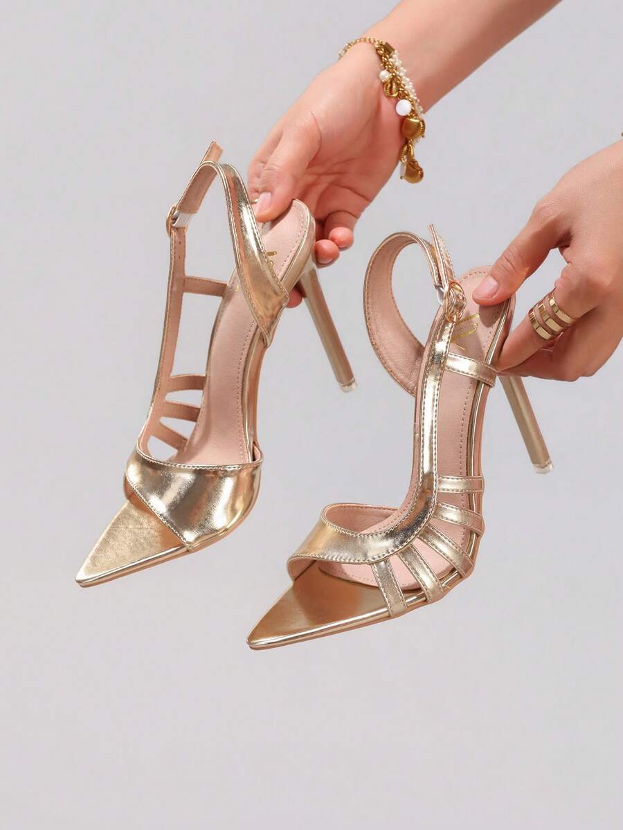香槟色派对高跟凉鞋，性感尖头露趾正式舞会晚宴鞋，金属光泽细高跟时尚女式凉鞋