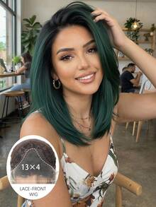 Peluca de encaje de alta definición de 13 * 4 pulgadas, bob de 12 pulgadas, diseño elegante en capas, hecha de material resistente al calor, perfecta para uso diario, juegos de roles, vacaciones y reuniones familiares, convirtiéndola en un regalo ideal de vacaciones para mujeres. - Verde Oscuro - Ver 2