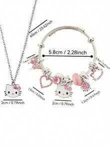 一套猫咪项链和手链套装 - 采用珐琅和水钻蝴蝶以及镂空心形吊坠设计，是送给女孩和青少年的可爱礼物 - 彩色 - 查看 3