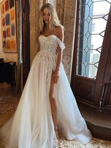 Elegant Sexy Off Shoulder Corset High Slit Tulle A Line Wedding Dress,Registry Office Dresses Bridal Gown,Evening Party Dress Birthday Party Dress Country Wedding,Romantic Church Ceremony Wedding Dress,Suitable For Wedding,Dating,Party,Singles' Party,Vacation,Formal Occasions,Dinner Dress,Prom Dress,Homecoming Dess,Cocktail Party,Wedding Guest Dress,Graduation - 白色 - 查看 1