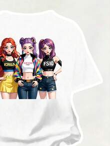 Bộ áo tay ngắn và quần ống loe in hình hoạt hình dành cho bé gái tuổi teen - trắng - Xem 7