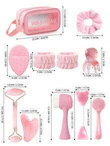 4/12pcs/Set Facial Beauty Tool Kit, Includes Cleansing, Massage, And Storage Tools - Face Scraper, Roller, Cleansing Brush, Face Mask Brush, Washing Sponge, Hair Band, Wristband, Hair Ties, Toiletry Bag, Makeup Bag - Multicolor - View 2