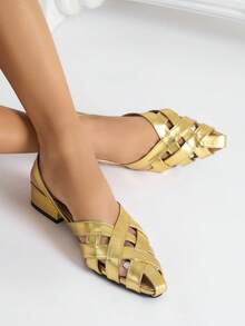 Giày bệt nữ mũi nhọn, quai chéo, gót chunky thấp, màu vàng đồng khoét rỗng. - Vàng - Xem 2