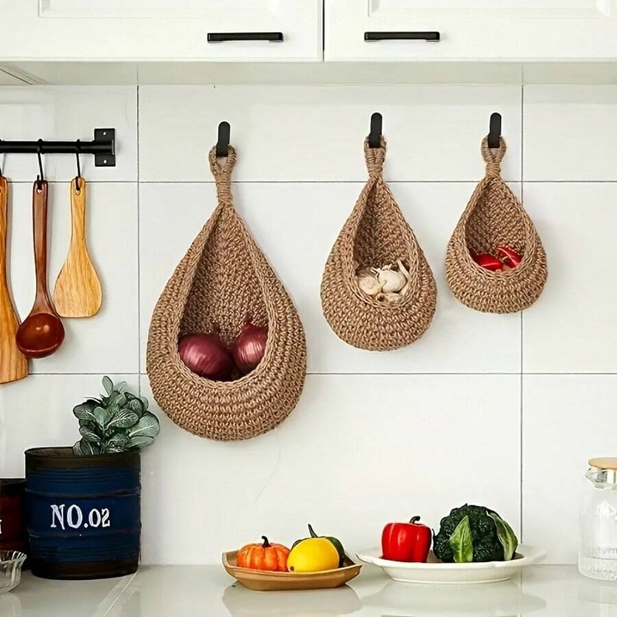 1/3pcs Bohemian Style Woven Hanging Baskets, Linen Fruit & Vegetable Storage Hooks, Kitchen Garlic & Onion Rack, Home & Dining Room Organizer