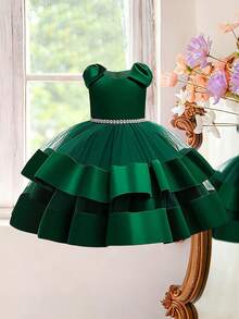 女童无袖薄纱缎面蝴蝶结露背优雅礼服，适合参加宴会、婚礼花童等场合，不含头饰 - 墨綠色 - 查看 5