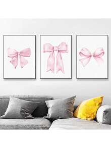3件組粉色蝴蝶結帆布畫，適用於大學公寓、兒童房、女孩臥室宿舍裝飾，美學牆藝術品，無框 - 彩色 - 查看 9