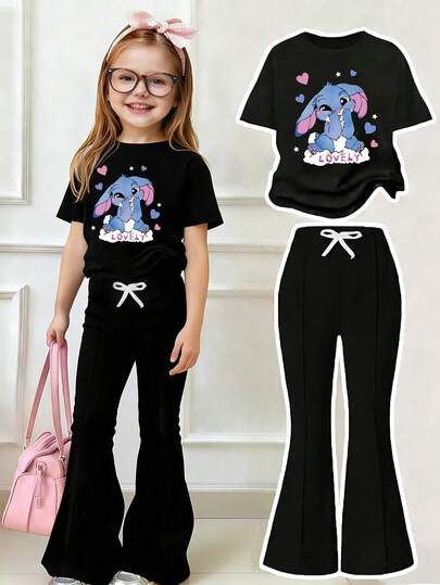 Tween Girl Cartoon Print Short Sleeve T-Shirt And Flare Pants Casual Outfit