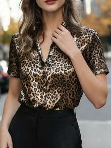 Áo sơ mi nữ tay ngắn dáng ôm họa tiết da báo thanh lịch, áo sơ mi cài nút nữ, áo sơ mi cơ bản, áo công sở nữ, áo mặc ngoài trời nữ, áo giáo viên, áo đi học, đồng phục học sinh, mùa xuân/hè - màu nâu - Xem 4