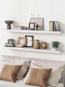 1 Set Wall Mounted Shelving Unit, Rustic Oak Wood Long Shelf Set, Suitable For Living Room, Bathroom, Laundry Room, Bedroom, Kitchen, Home Office - White - View 6