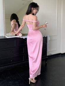 abyoxi New Summer Women Sleeveless One-Shoulder Dress, Waist Cinched Slimming, Waist Ruched High Slit Hem, Solid Color Dress, Elegant Bridesmaid Gown - Baby Pink - View 2