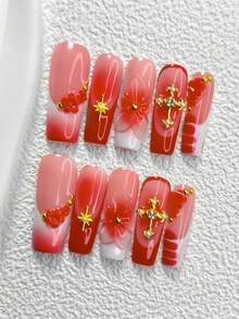 10pcs Romantic French Handmade Press-On Nails, Polygel Nail Art Set, Gradient 3D Flower, Star, Cross Pattern, Red & White Color, Playful & Cute Style, Includes Nail Tools, 3 Sizes Available, Almond/Duck/Coffin Shape, Suitable For Party, Dancing, Daily Wear - 彩色 - 查看 14