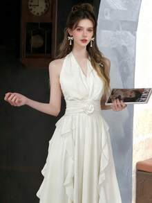 Women's Solid Color 3D Floral Decor Ruffle Trim Halter Backless Maxi Dress - Apricot - View 5