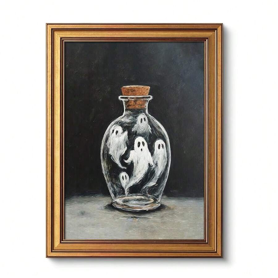 VIYYIEA Vintage Gold Framed Wall Art For Living Room, Ghosts Canvas Prints Home Decor, Halloween Painting Picture, Bedroom Wall Decor Gifts For Friends Or Family -[Ghosts In The Jar]-(16L X 12W) - [GhostsintheJar] - 查看 1