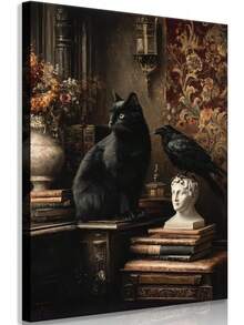 Arte de pared retro de gato negro y cuervo, estilo sombrío, pintura de academia oscura victoriana, decoración de pared, póster de libros y estatuas góticas para galería, sala de estar, biblioteca, librería - transparente - Ver 1