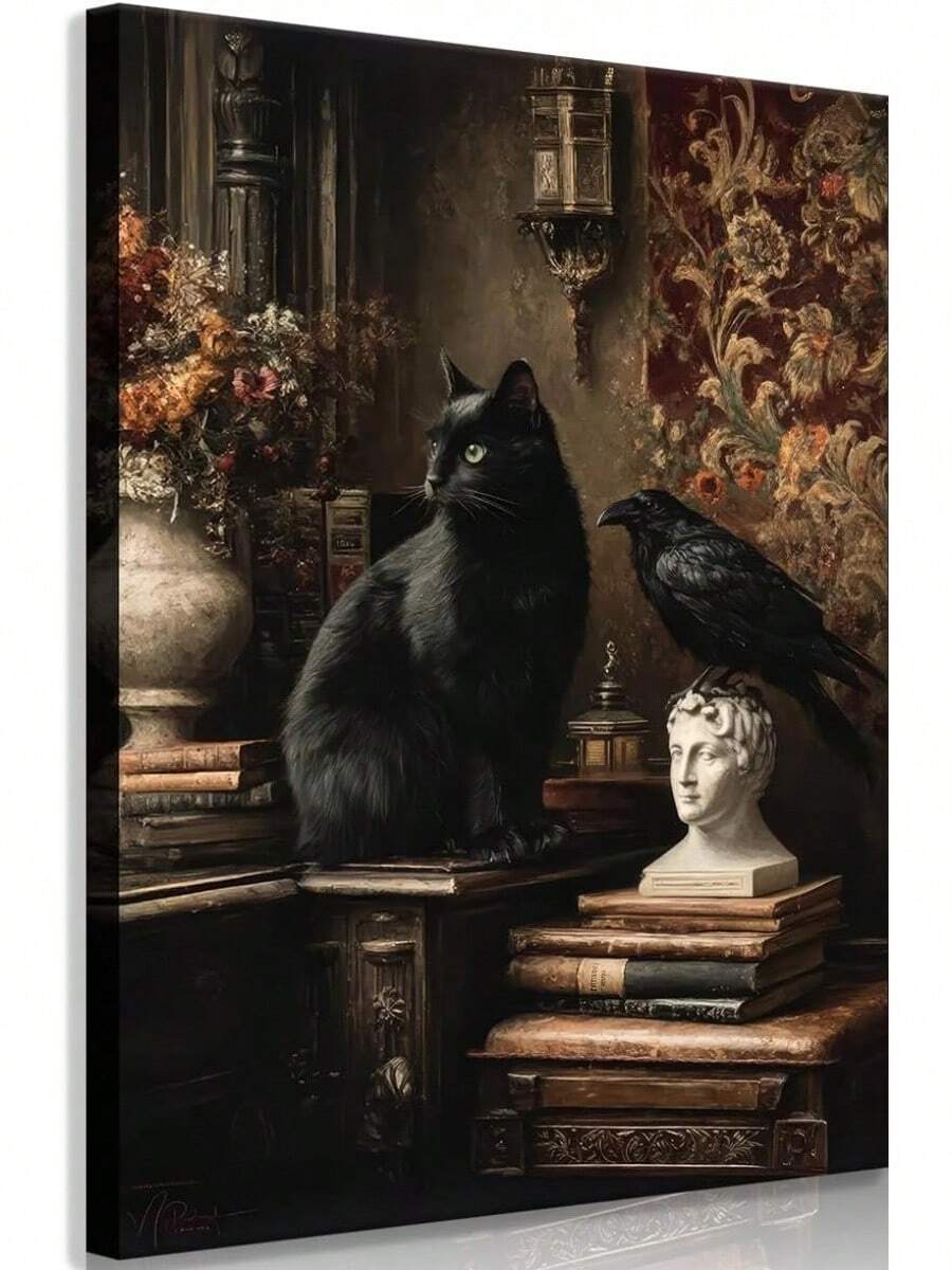 Arte de pared retro de gato negro y cuervo, estilo sombrío, pintura de academia oscura victoriana, decoración de pared, póster de libros y estatuas góticas para galería, sala de estar, biblioteca, librería - transparente - Ver 1