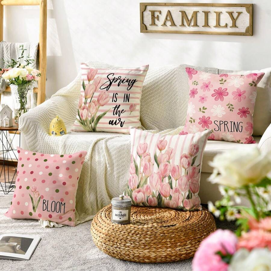 4 件套春季郁金香抱枕套 | 18 x 18 英寸粉色波点条纹花卉抱枕套，涤纶面料，波西米亚风格，可机洗 - 彩色 - 查看 1