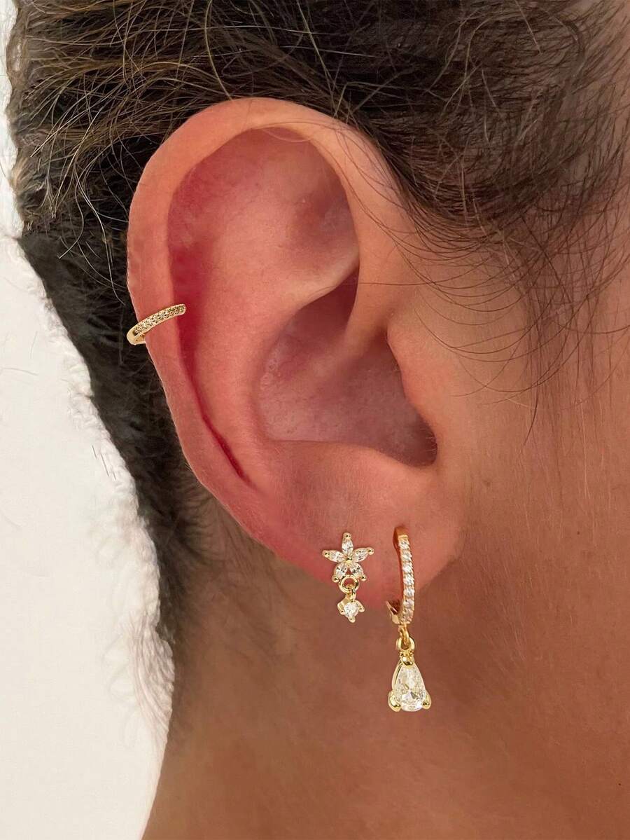 3pcs/Set Fashionable & Elegant Micro-Inlaid Zirconia Flower & Teardrop Earrings Set, Suitable For Girl's Vacation & Casual Wear - Gold - View 1