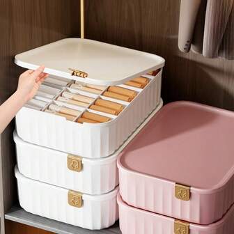 1pc Plastic Divided Lingerie & Socks Storage Box, 15-Grid Drawer Style Storage Box With Lid, Wardrobe Storage Box, Bedroom Accessory, Wardrobe Accessory, For Storing Underwear, Socks, Handkerchiefs, Ties, Belts, Scarves, Etc., Home Storage, Desktop Storage, Drawer Storage, Wardrobe Storage