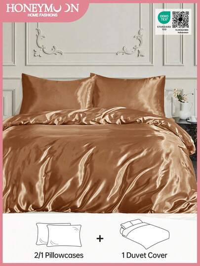 2/3件套奢华缎面被套套装，包含1件被套和1/2个枕套，采用奢华丝滑面料，柔软透气，适用于单人床、双人床、大号床、特大号床，可机洗，通过Oeko-Tex认证