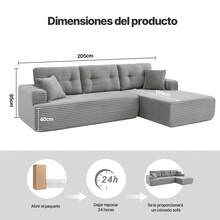 El chaise longue de la izquierda es un sofá modular en forma de L, cómodo y plegable. Presenta un diseño moderno y minimalista de pana y se convierte en cama, ideal para dormitorios. - Gris - Ver 10