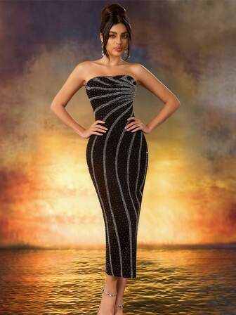 Sexy Beaded Embroidered Slit Bandeau Formal Evening Gown, Suitable For Beach