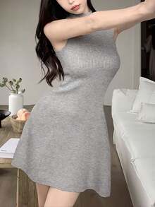 Váy len không tay kiểu Pháp nhẹ nhàng, váy mini len đan cho nữ, váy yếm chữ A thanh lịch, phong cách tối giản gợi cảm khi đi làm của Pháp - Xám - Xem 4
